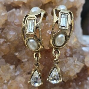 Vintage Gold Hoop Dangle Faux Pearl Crystal Teardrop Curved Earrings